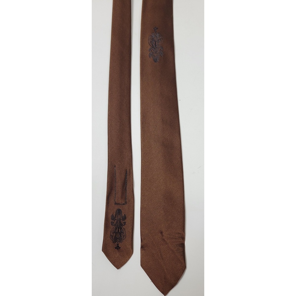 Richman Brothers Mens Vintage Brown All Silk Embroidered Crest Skinny Necktie